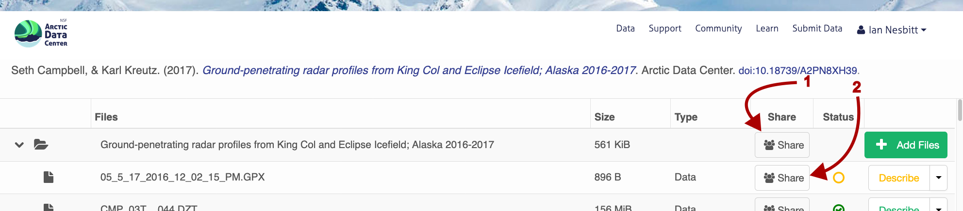 Image with an arrow from the label 1 to the top Share button (for the entire dataset) and the label 2 with an arrow to the share button for one of the dataset files